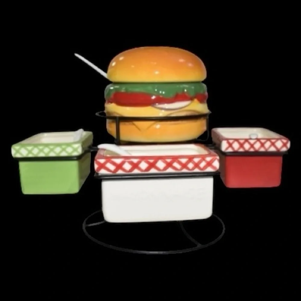 Pier 1 Imports Hand-Painted Earthenware BURGER Condiments Spinner Tray